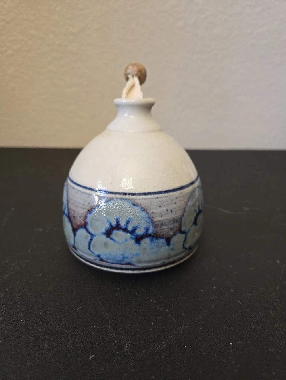 Studio Pottery Ceramic Small Vase Or Oil Bottle Featuring Blue & Brown Design